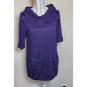 To The Max Tunic Shirt Purple Half Sleeve Long Elastic Seam Buttoned Cowl Neck M